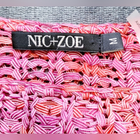 Nic + Zoe Pink & Red Airy Macrame Ribbon Knit Fringe Sweater, Medium Size, - Picture 4 of 16